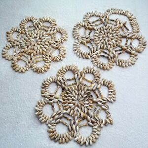 Vintage handmade Cowrie Shell Trivets Set Coastal‎ Boho Mermaidcore Decor 8in